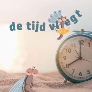 Beeld uit de flyer: afbeelding van Victor op het strand bij een tikkende klok, terwijl Victoria onbereikbaar voorbij vliegt in de lucht